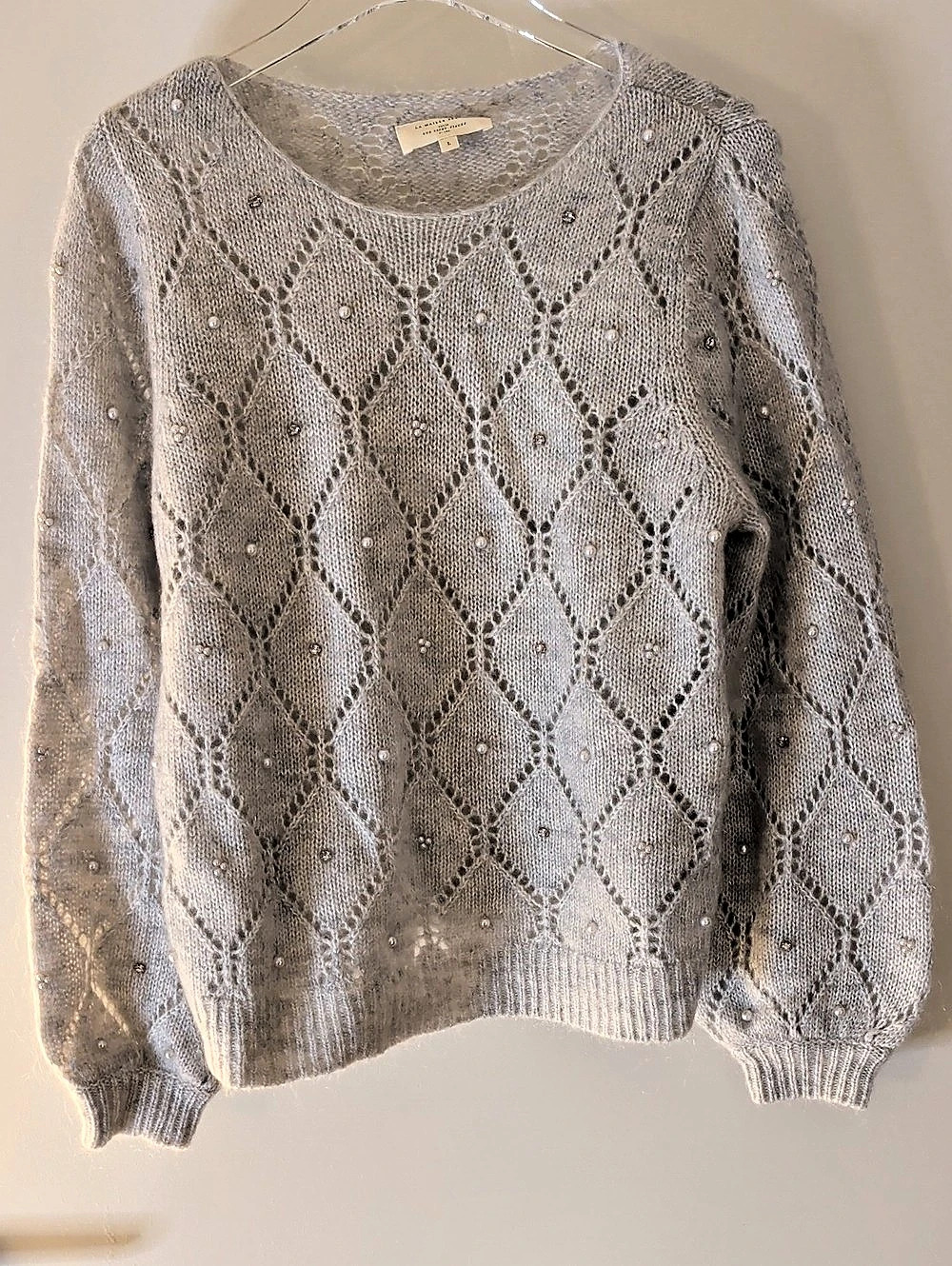 Sézane Andrew Jumper Openwork Beaded Sweater Gray Large